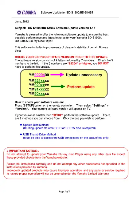 yamaha雅马哈BD-S1900_BD-S1065 Software Update Version 1.17_Installation_Manual